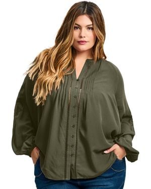 Avenue Plus Size Gabby Embroidered Pintuck Shirt - Green
