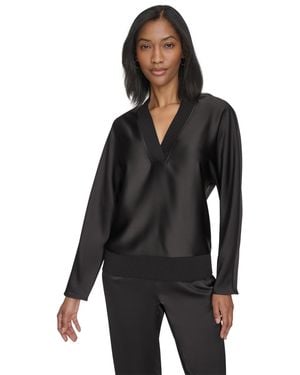 Halston Twill-satin Ribbed V-neck Blouse - Black
