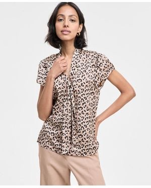 BarIII Satin Animal-print Bow Blouse - White