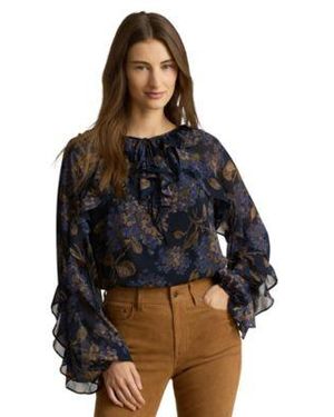 Ralph Lauren Ruffle Trim Long Sleeve Blouse - Black