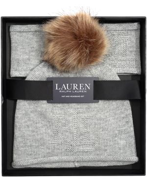 Ralph Lauren Texture Logo Headband And Beanie Set - Gray