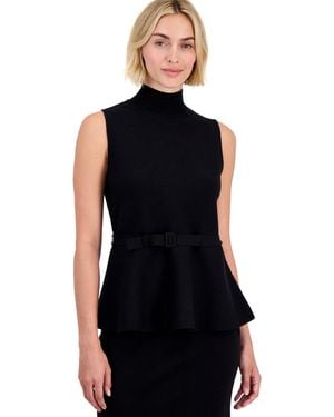 Anne Klein Petite Sleeveless Mock Neck Belted Peplum Tank Top - Black