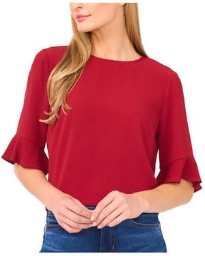 Cece Ruffled-cuff 3/4-sleeve Crew Neck Top - Red