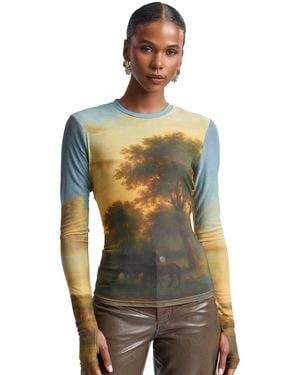 Avec Les Filles Printed Long-sleeve Mesh Top - Green