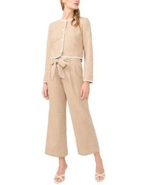 Cece Contrast Trim Lady Jacket Wide Leg Bow Tie Cropped Pants - Natural