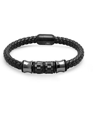 Steeltime Braided Leather And Ip Stainless Steel Bracelet - Black
