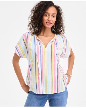 Style & Co. Cotton Striped Tie-neck Dolman-sleeve Top - White
