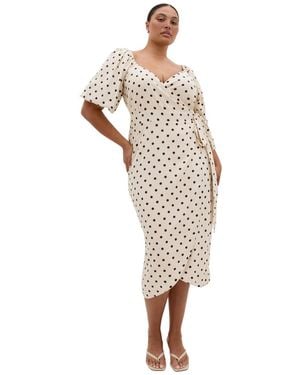 City Chic Plus Size Claudine Wrap Spot-print Balloon-sleeve Midi Dress - White