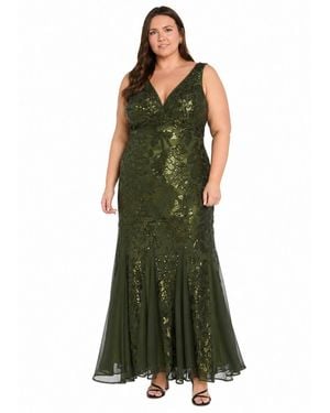 R & M Richards Plus Size V-neck Sequined Gown - Green