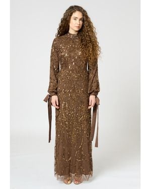 MARYISA Modest Embellished Sequin Beaded Dress - Brown