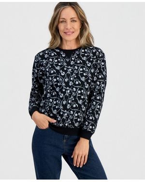 Style & Co. Petite Floral Crewneck Fleece Sweatshirt - Blue