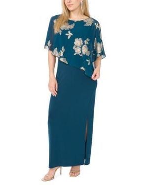 Msk Metallic Floral Print Crewneck Short Sleeve Maxi Dress - Blue