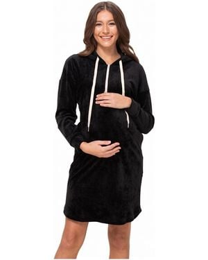 Hello Miss Maternity Velour Nursing Half-zip Hoodie Dress - Black