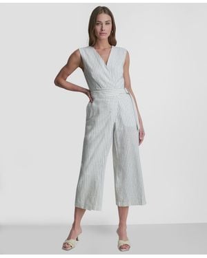 DKNY Striped Sleeveless Wrap Jumpsuit - White