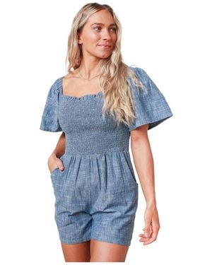 Hope & Henry Bell Sleeve Smocked Romper - Blue