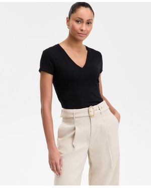 INC International Concepts Drapy Ribbed V-neck Top - Black