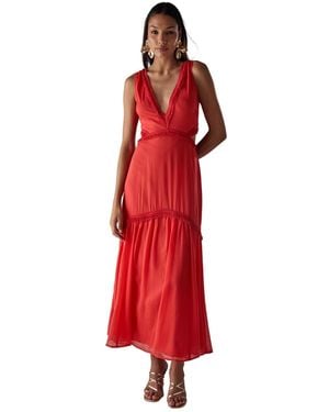 Warehouse Chiffon Fringe Trim Cut Out Maxi Dress - Red