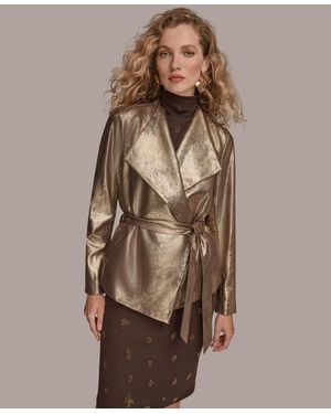 Donna Karan Metallic Faux Leather Belted Jacket - Brown