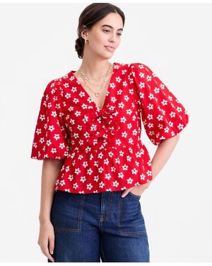 On 34th Puff-sleeve Tie-front Peplum Blouse - Red