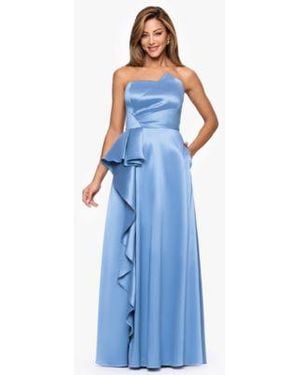 Xscape Strapless Side Ruffle Satin Ball Gown - Blue