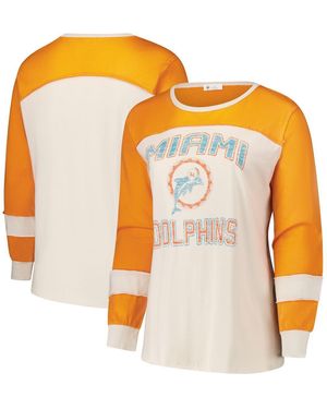 '47 Cream/orange Miami Dolphins Plus Size Double Header Curve Toni Long Sleeve T-shirt