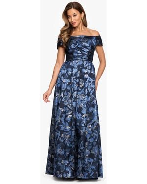 xscape blue and gold dress Xscape Women's Long Glitter Metallic Off the Shoulder Ruffle Gown, 4