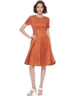 Calvin Klein Short-sleeve Suede Fit & Flare Dress - Orange