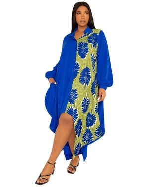 Buxom Couture Plus Size Contrast Print Drapy Shirt Maxi Dress - Blue