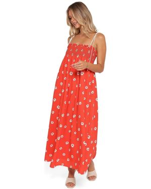 Petal & Pup Josie Floral Square-neckline Smocked-bodice Maxi Dress - Red
