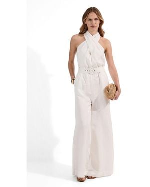 Karen Millen Linen Blend Wide Leg Belted Jumpsuit - White