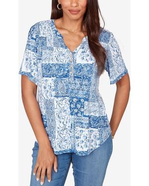 Ruby Rd. Petite Patchwork Bandana Henley T-shirt - Blue