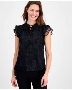 Anne Klein Ruffled-sleeve Tie-front Lace Top - Black