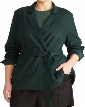 UNIVERSAL STANDARD Plus Size Double-breasted Belted Short Linen-blend Blazer - Green
