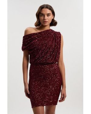 Karen Millen One Shoulder Sequin Mini Dress - Red