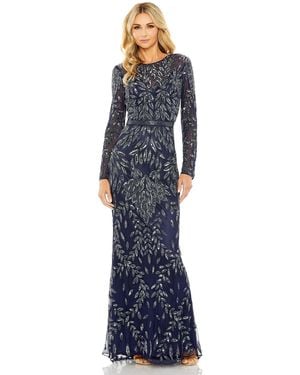 Mac Duggal Long Sleeve Illusion Neckline Embellished Gown - Blue