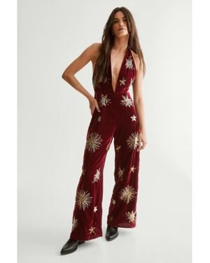 Nasty Gal Star Embellished Velvet Halter Jumpsuit - Red
