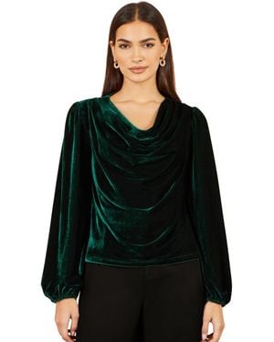 Yumi' Velvet Cowl Neck Long-sleeve Top - Black