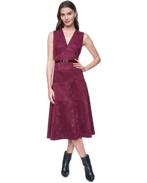 DKNY Sleeveless V-neck Buckle Belt Midi Dress - Red