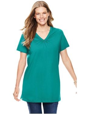 Woman Within Plus Size Within Perfect Short-sleeve Shirred V-neck Tunic - Green
