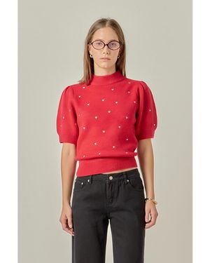 English Factory Heart -embroide Puff Sleeve Knit - Red