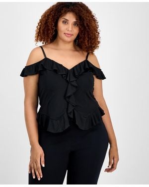 BarIII Trendy Plus Size Ruffled Cold-shoulder Mesh Top - Black