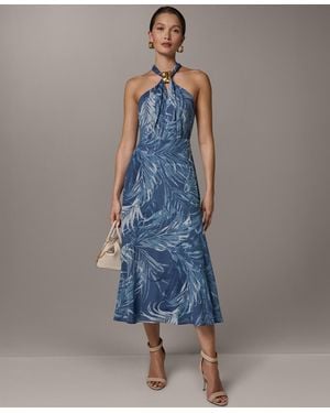 Donna Karan Halter Chiffon A-line Sleeveless Midi Dress - Blue