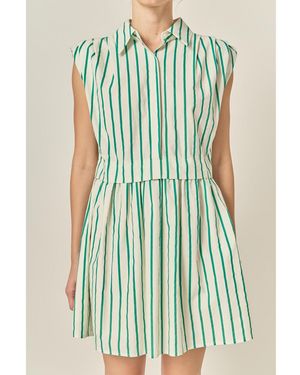 English Factory Striped Pleated Shoulder Shirt Mini Dress - Green