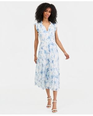 Anne Klein Petite Flutter-sleeve Printed Midi Dress - Blue