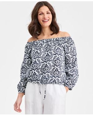 Charter Club 100% Linen Tile On-off-shoulder 3/4-sleeve Top - Blue