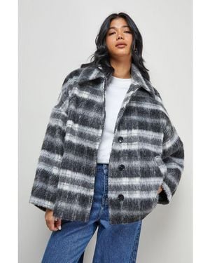 Warehouse Check Oversized Short Car Coat - Gray