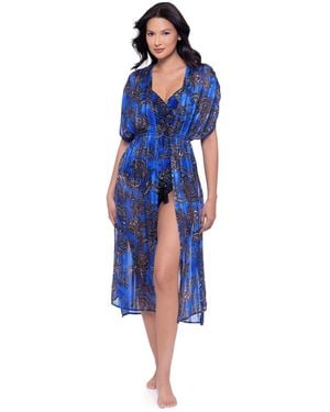 Miraclesuit Floral Adjustable Tie Waist Midi Kimono Coverup - Blue