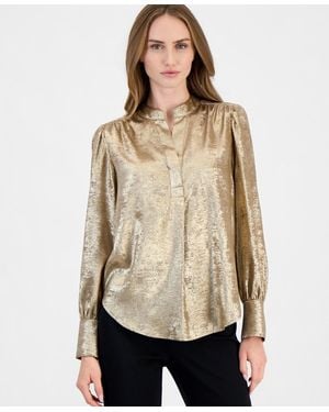 Anne Klein Shimmer Pleat-front Long-sleeve V-neck Blouse - Natural