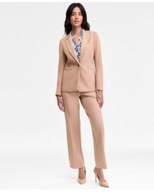 Kasper Peak Lapel Blazer V Neck Top Faux Fly Pants - Natural