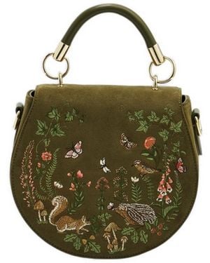 Fable England Charlotte Meadow Scene Embroidered Faux Suede Saddle Bag - Green